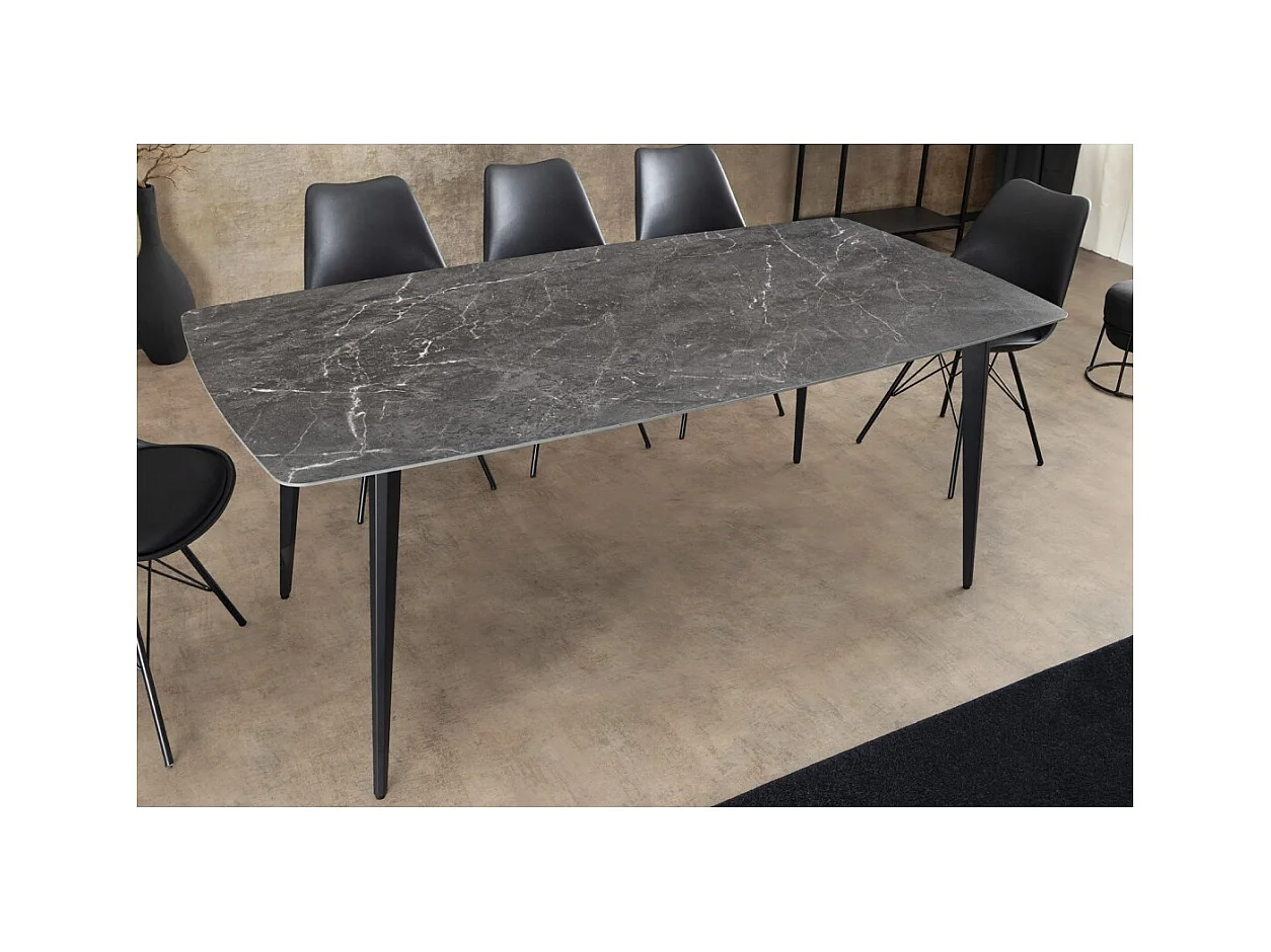Table HEXA – Rectangulaire 180 cm – Plateau céramique effet marbre anthracite – Pieds métal – Style moderne