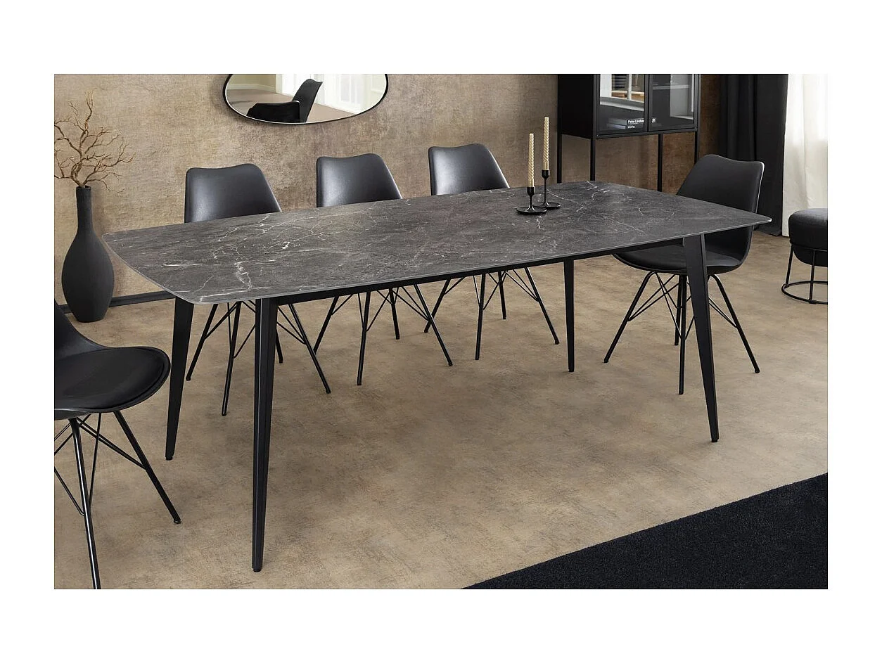 Table HEXA – Rectangulaire 180 cm – Plateau céramique effet marbre anthracite – Pieds métal – Style moderne