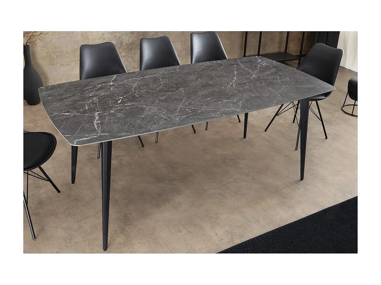 Table HEXA – Rectangulaire 180 cm – Plateau céramique effet marbre anthracite – Pieds métal – Style moderne