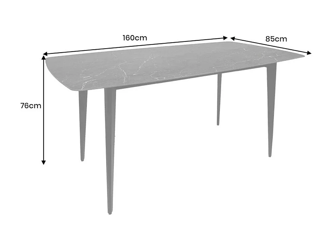 Table HEXA – Rectangulaire 160 cm – Plateau céramique effet marbre anthracite – Pieds métal – Style moderne