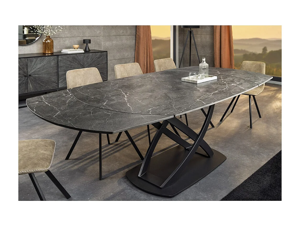 Table ATONIA – Ovale extensible 130 à 190 cm – Plateau céramique effet marbre anthracite – Pieds métal – Style moderne