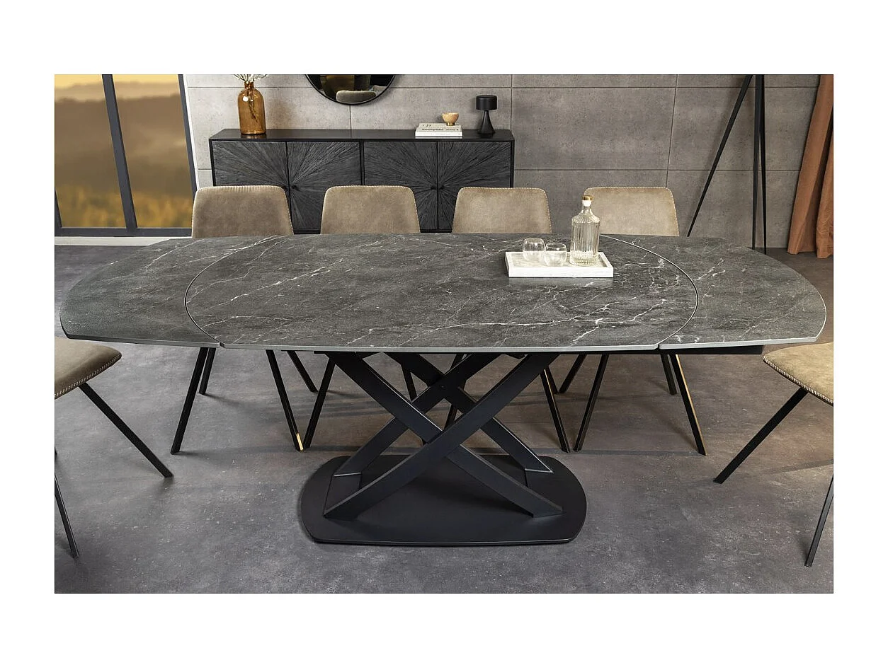 Table ATONIA – Ovale extensible 130 à 190 cm – Plateau céramique effet marbre anthracite – Pieds métal – Style moderne