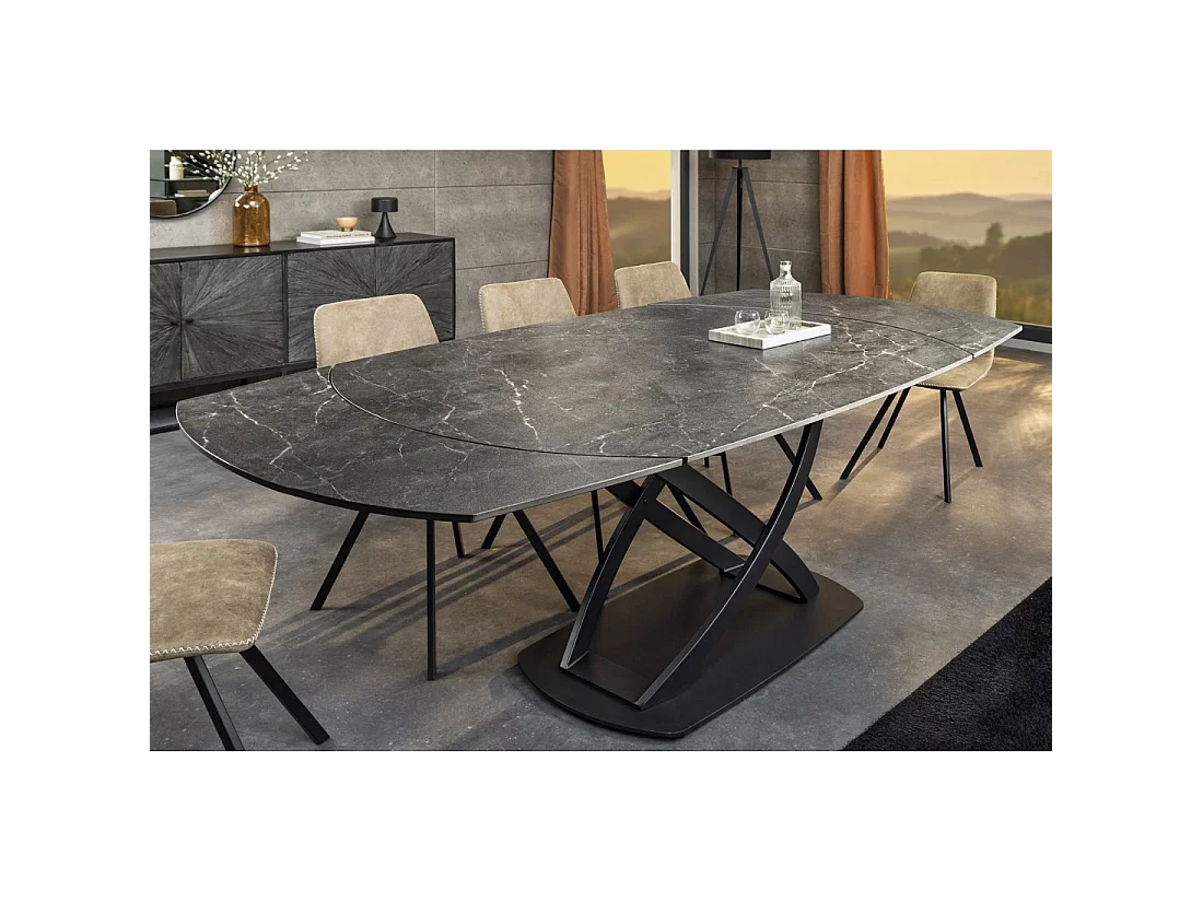 Table ATONIA – Ovale extensible 130 à 190 cm – Plateau céramique effet marbre anthracite – Pieds métal – Style moderne