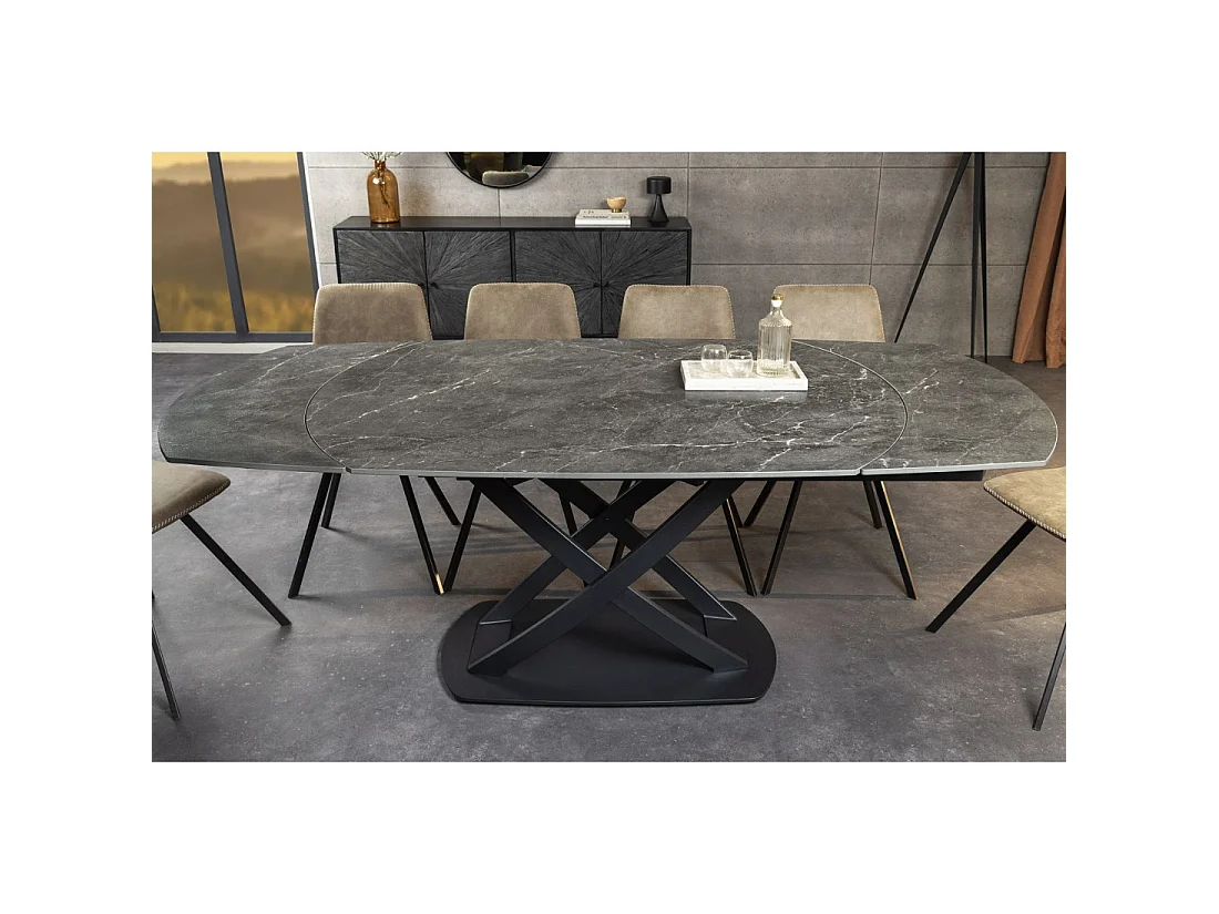 Table ATONIA – Ovale extensible 130 à 190 cm – Plateau céramique effet marbre anthracite – Pieds métal – Style moderne