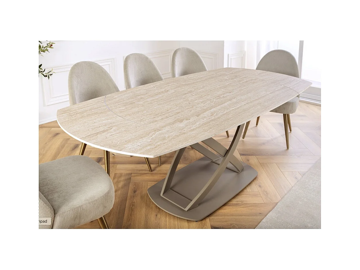 Table ATONIA – Ovale extensible 130 à 190 cm – Plateau céramique effet marbre beige – Pieds métal – Style moderne