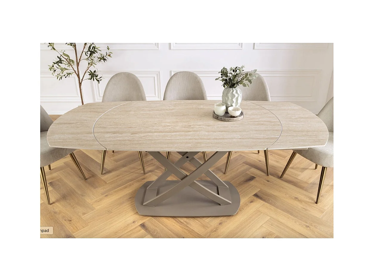 Table ATONIA – Ovale extensible 130 à 190 cm – Plateau céramique effet marbre beige – Pieds métal – Style moderne
