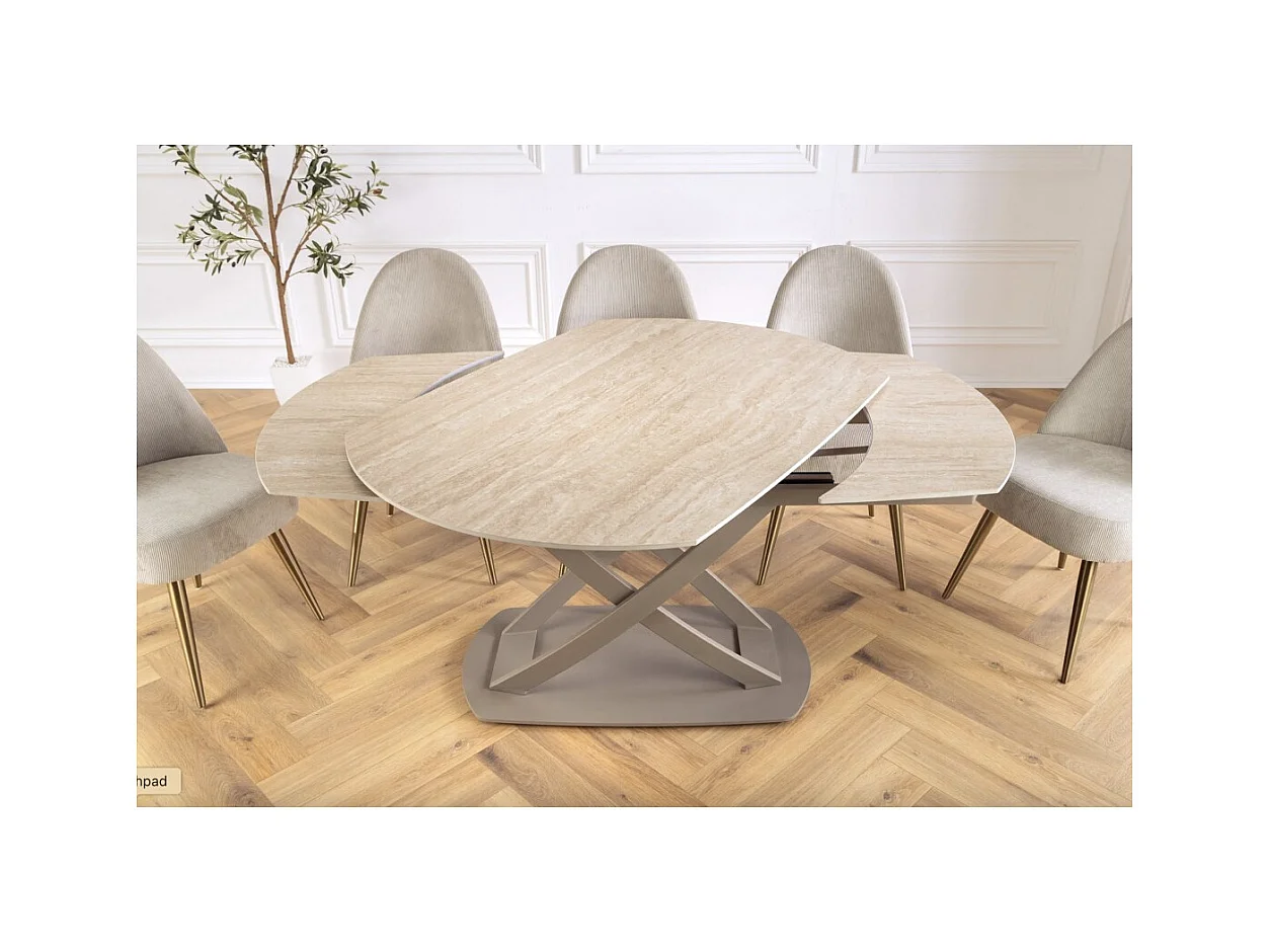 Table ATONIA – Ovale extensible 130 à 190 cm – Plateau céramique effet marbre beige – Pieds métal – Style moderne