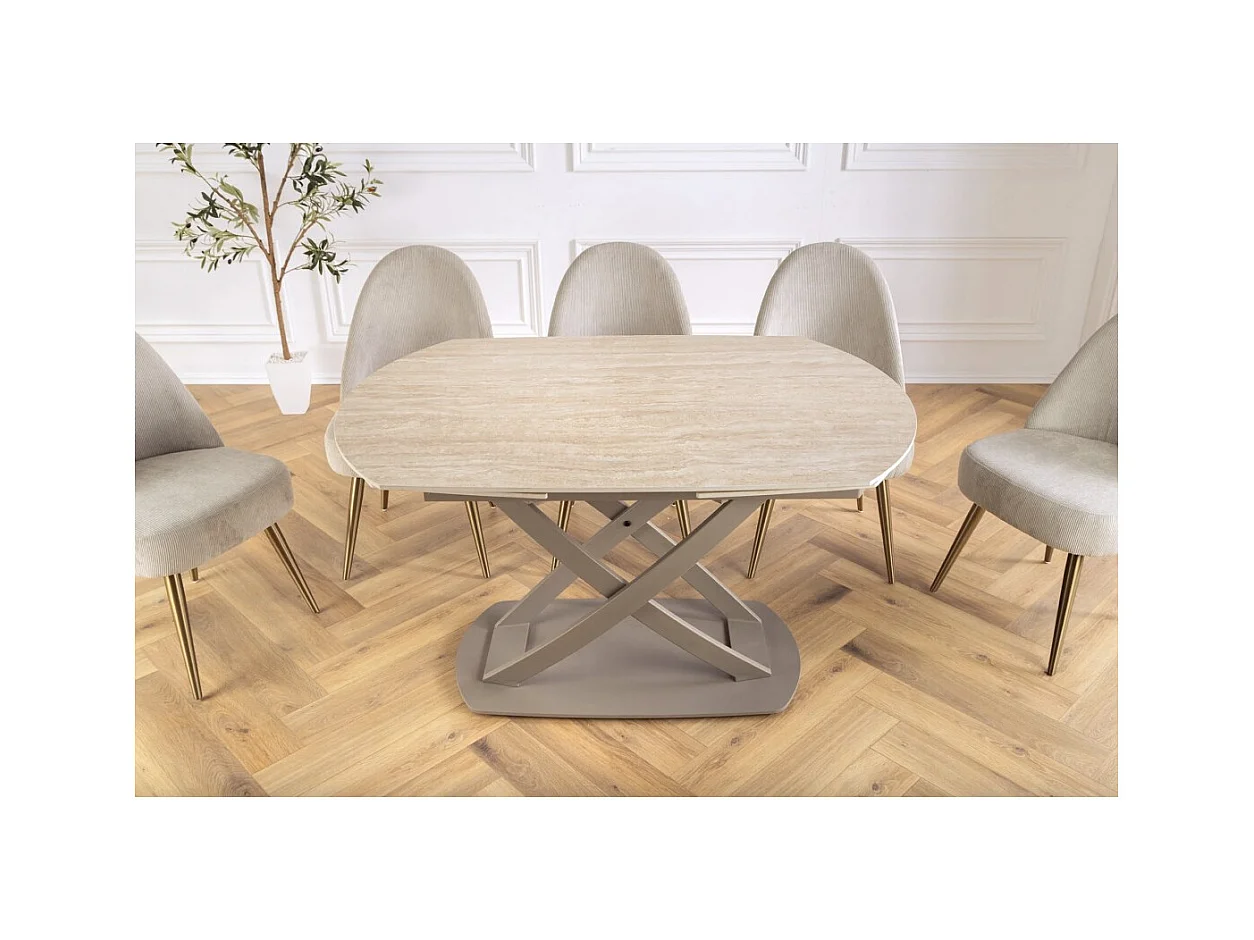 Table ATONIA – Ovale extensible 130 à 190 cm – Plateau céramique effet marbre beige – Pieds métal – Style moderne
