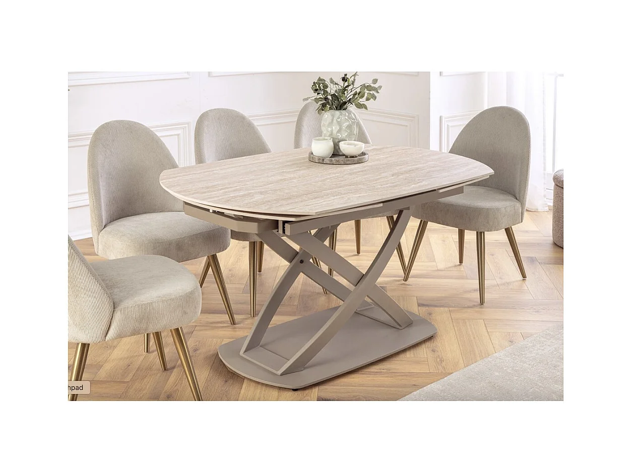 Table ATONIA – Ovale extensible 130 à 190 cm – Plateau céramique effet marbre beige – Pieds métal – Style moderne