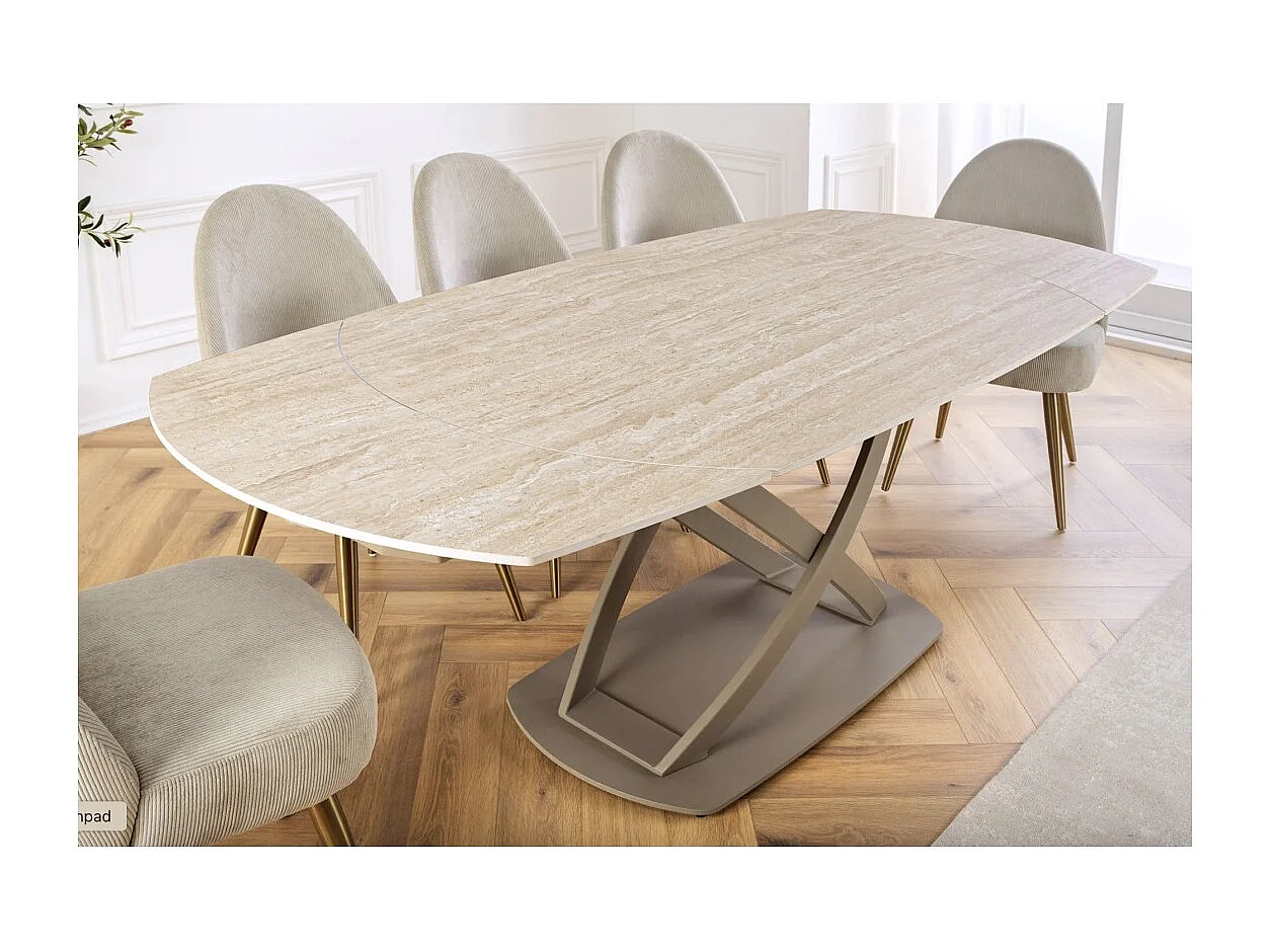 Table ATONIA – Ovale extensible 130 à 190 cm – Plateau céramique effet marbre beige – Pieds métal – Style moderne
