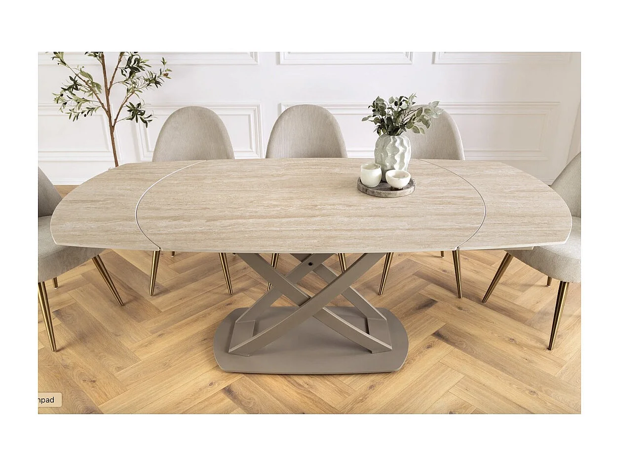 Table ATONIA – Ovale extensible 130 à 190 cm – Plateau céramique effet marbre beige – Pieds métal – Style moderne