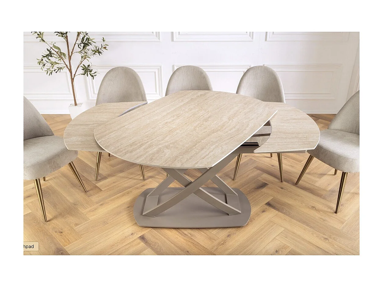 Table ATONIA – Ovale extensible 130 à 190 cm – Plateau céramique effet marbre beige – Pieds métal – Style moderne