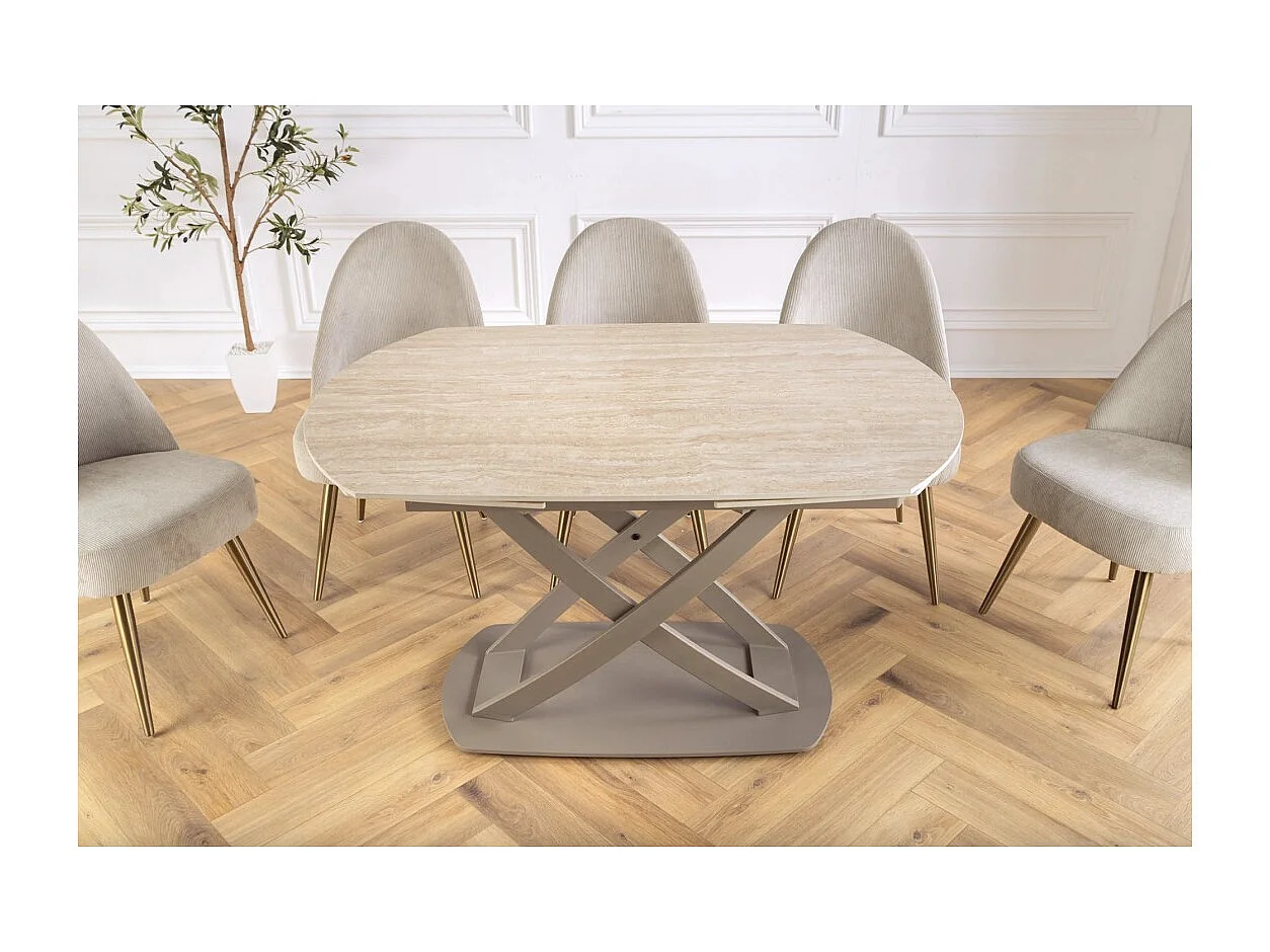 Table ATONIA – Ovale extensible 130 à 190 cm – Plateau céramique effet marbre beige – Pieds métal – Style moderne
