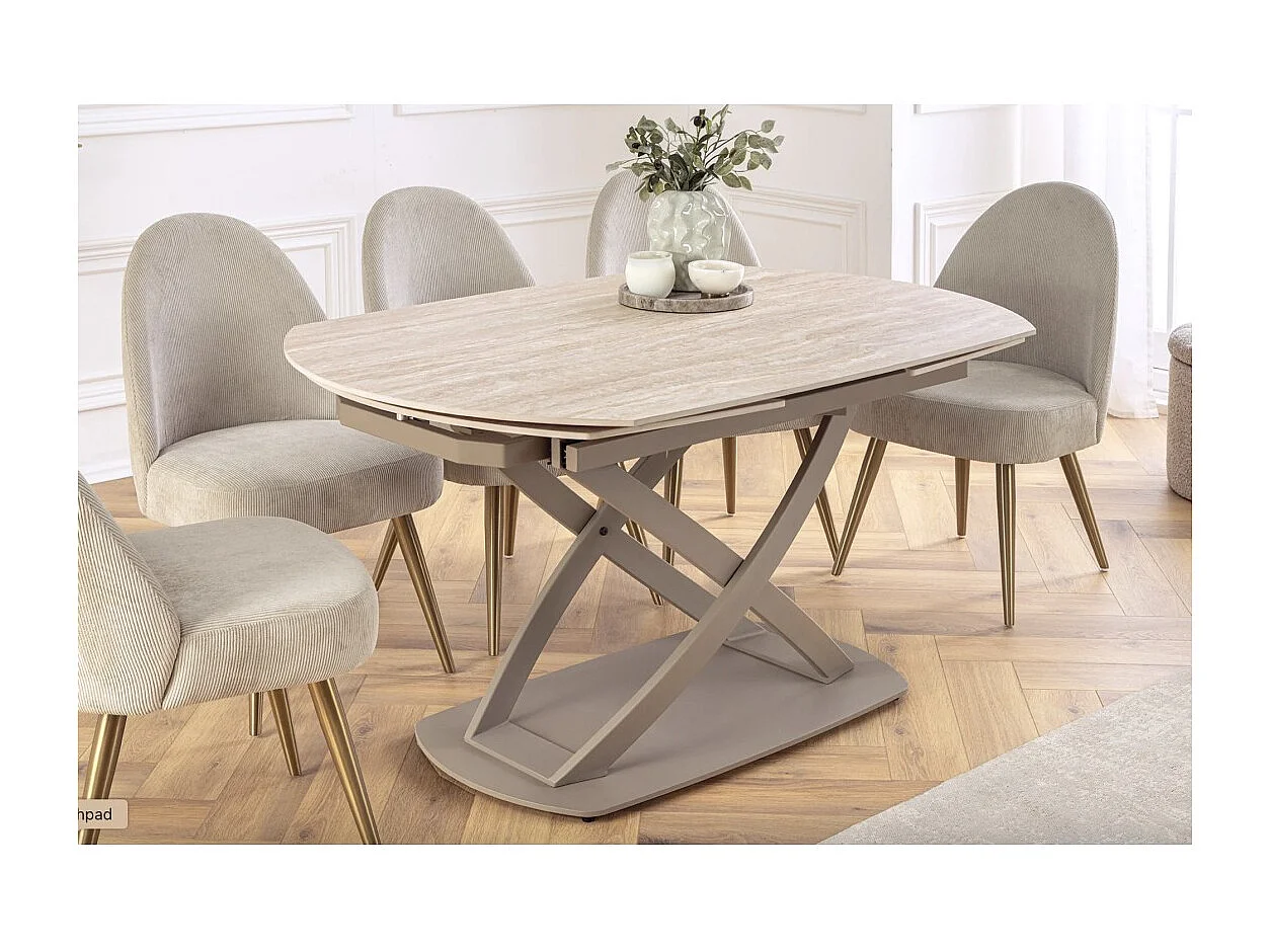 Table ATONIA – Ovale extensible 130 à 190 cm – Plateau céramique effet marbre beige – Pieds métal – Style moderne