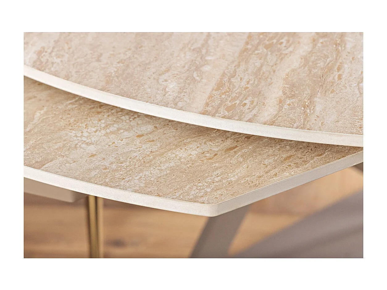 Table ATONIA – Ovale extensible 130 à 190 cm – Plateau céramique effet marbre beige – Pieds métal – Style moderne