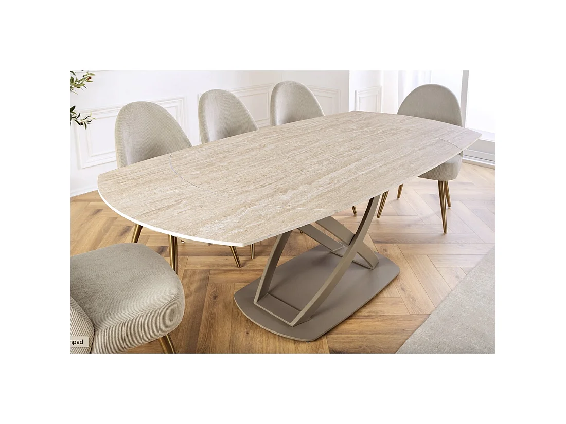 Table ATONIA – Ovale extensible de 130 à 190 cm – Piano in ceramica effetto marmo beige – Gambe in metallo – Stile moderno