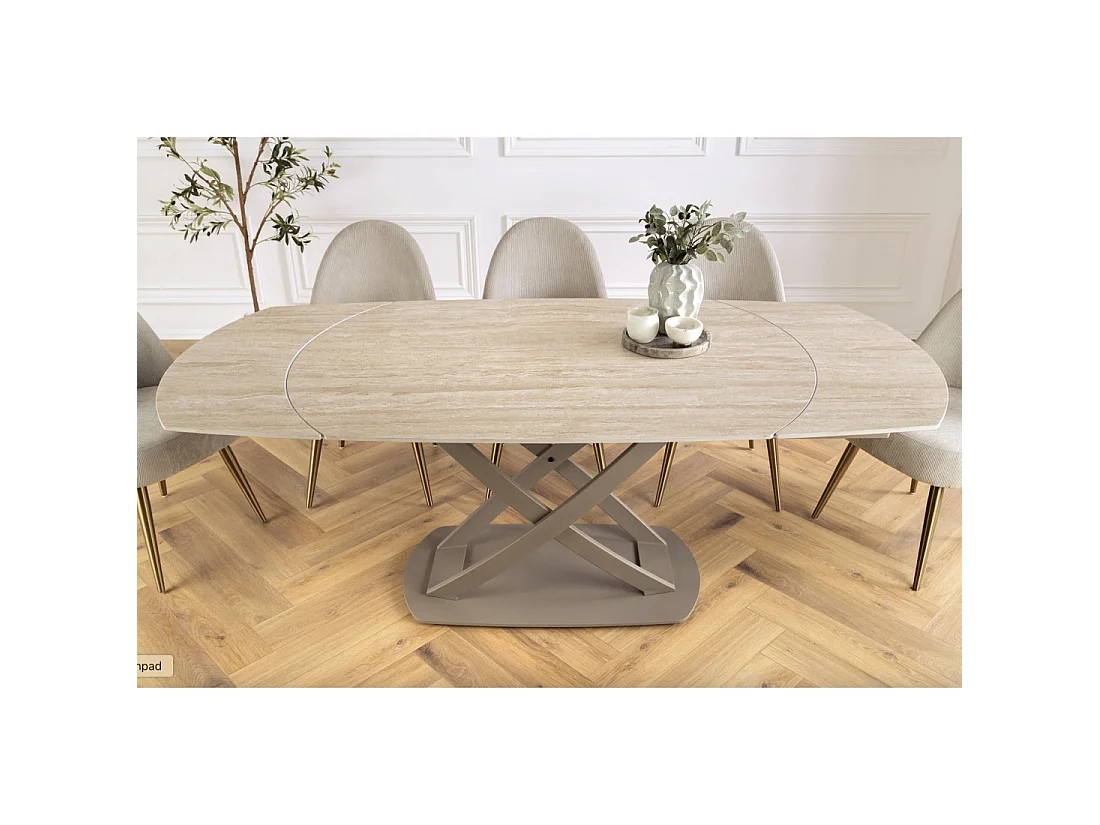 Table ATONIA – Ovale extensible de 130 à 190 cm – Piano in ceramica effetto marmo beige – Gambe in metallo – Stile moderno
