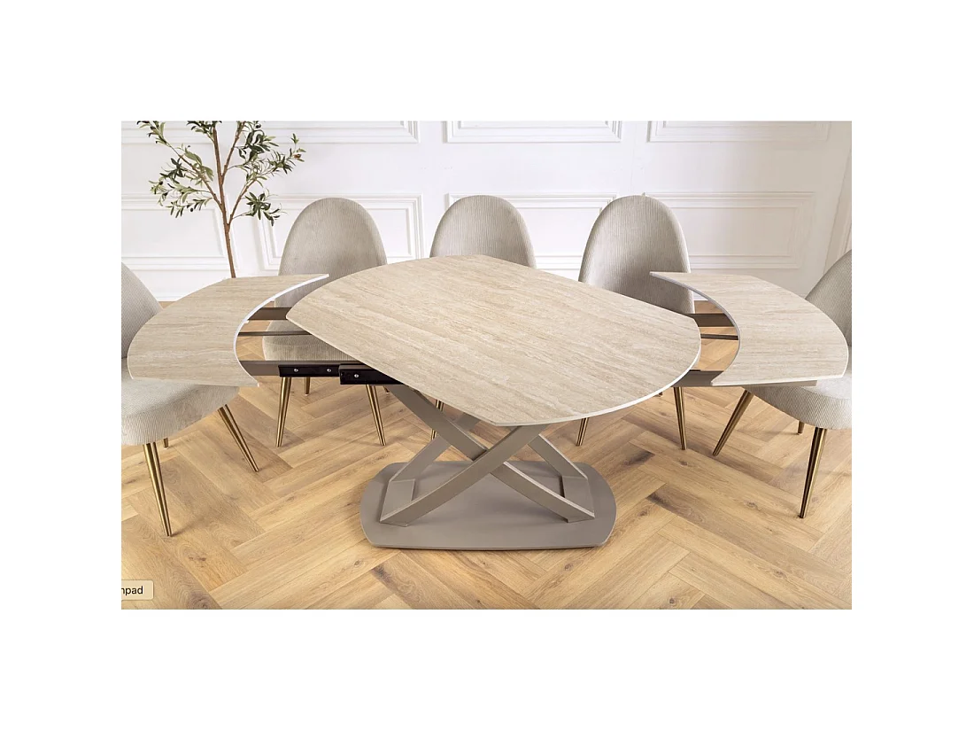 Table ATONIA – Ovale extensible de 130 à 190 cm – Piano in ceramica effetto marmo beige – Gambe in metallo – Stile moderno
