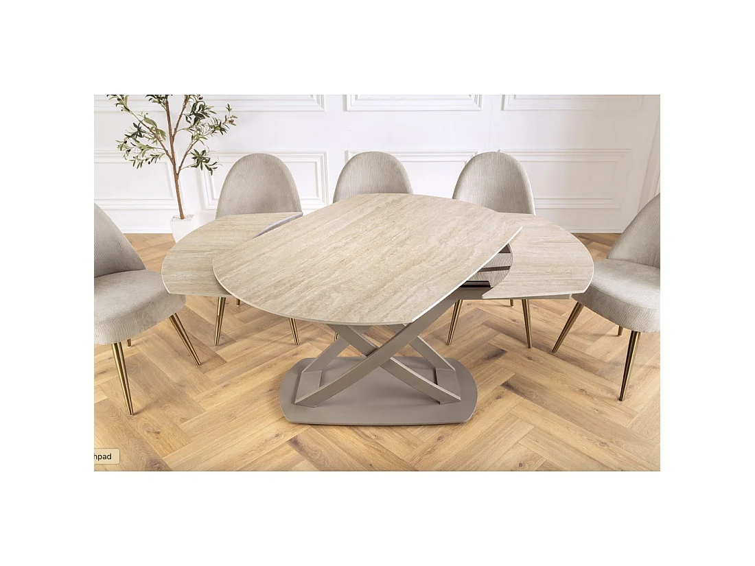 Table ATONIA – Ovale extensible de 130 à 190 cm – Piano in ceramica effetto marmo beige – Gambe in metallo – Stile moderno