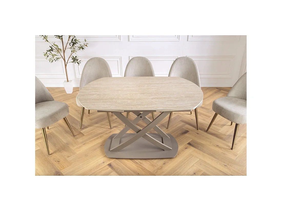 Table ATONIA – Ovale extensible de 130 à 190 cm – Piano in ceramica effetto marmo beige – Gambe in metallo – Stile moderno