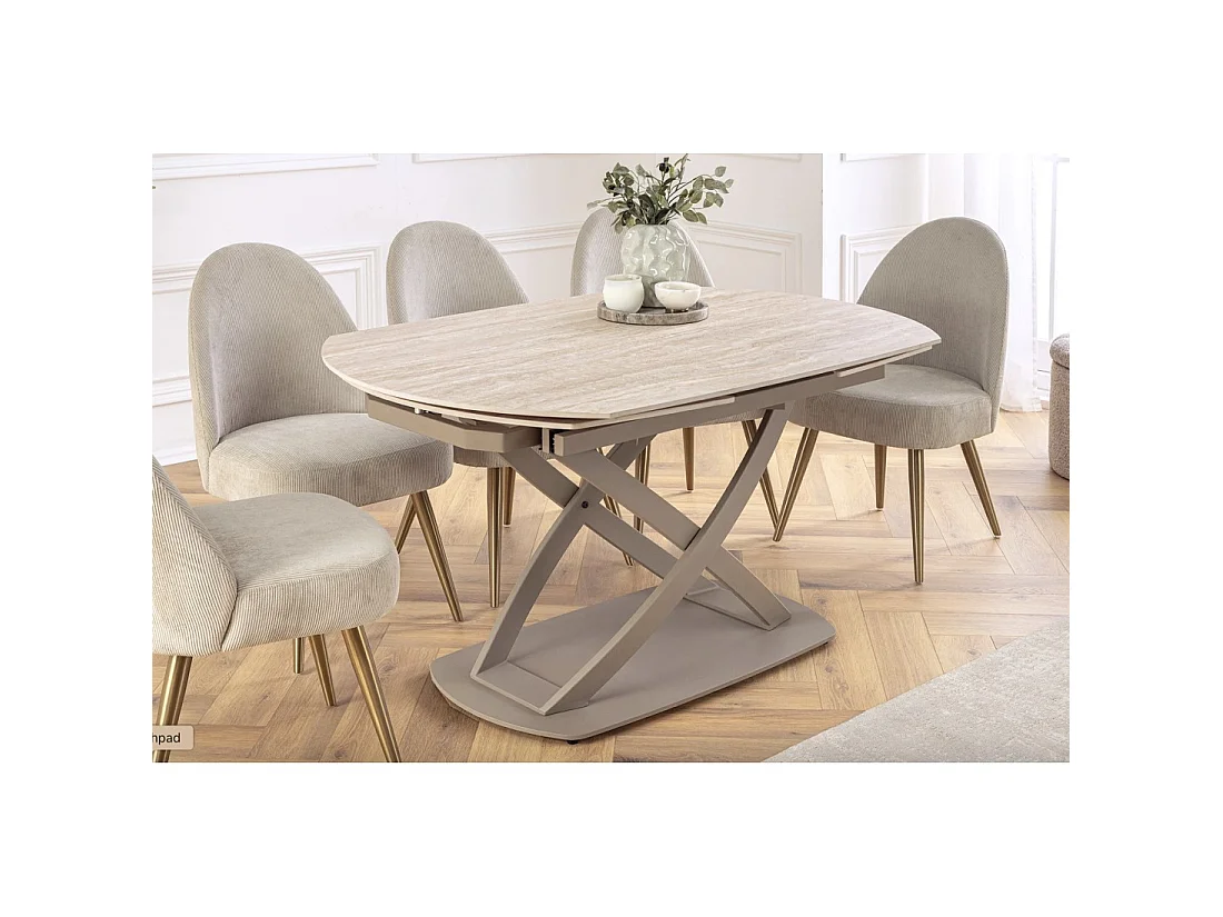 Table ATONIA – Ovale extensible de 130 à 190 cm – Piano in ceramica effetto marmo beige – Gambe in metallo – Stile moderno