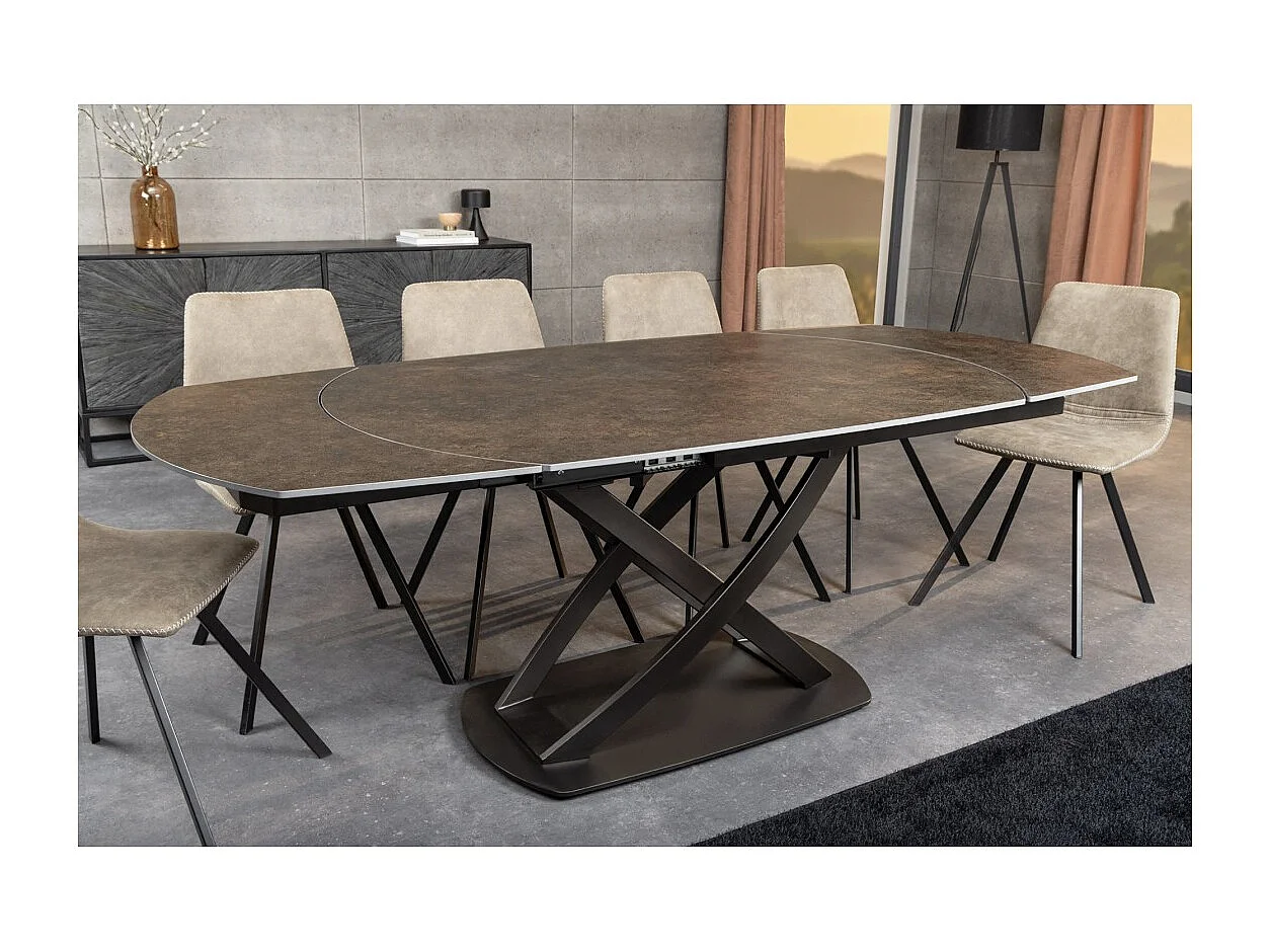 ATONIA Tafel – Ovaal uitschuifbaar 130 tot 190 cm – Tafelblad van keramiek met brons marmer effect – Metalen poten – Moderne stijl