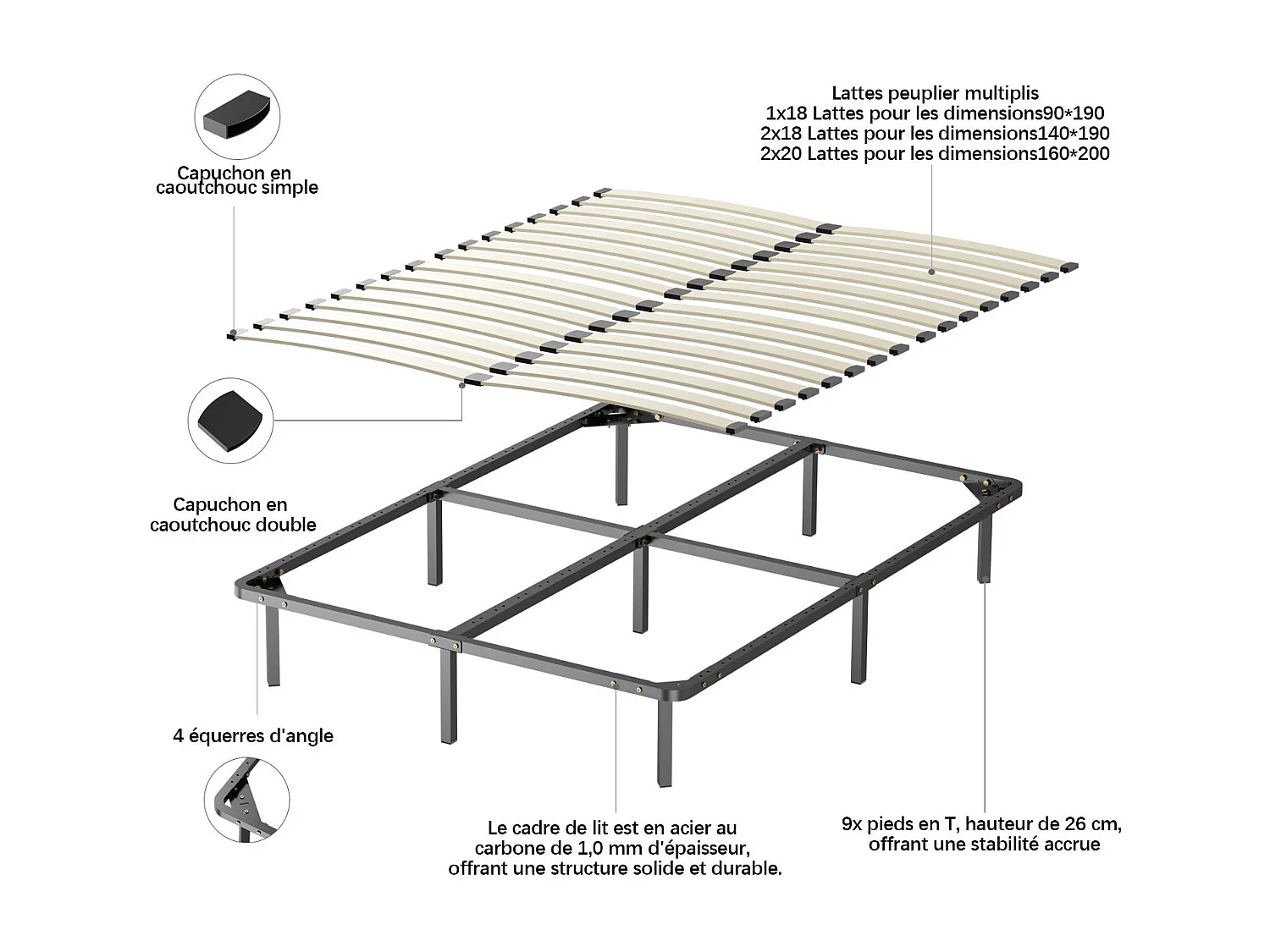 Ensemble 140x190 cm Matelas à ressorts +Sommier à Lattes sur Pieds, Epaisseur du Matelas 30cm