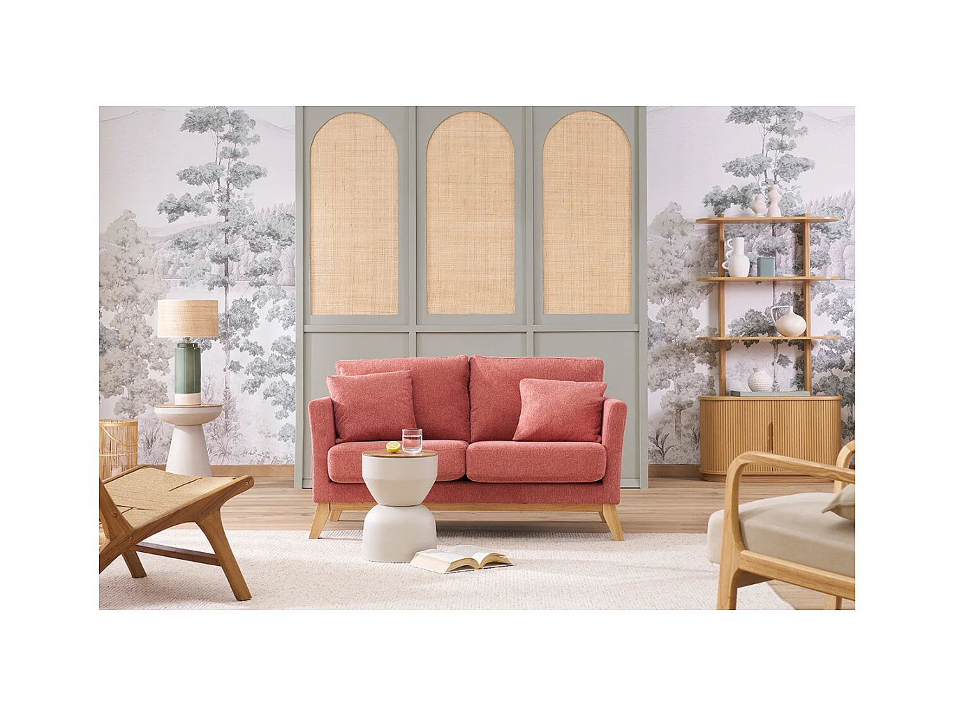 Canapé scandinave déhoussable 2 places en tissu effet velours texturé taupe et bois clair OSLO