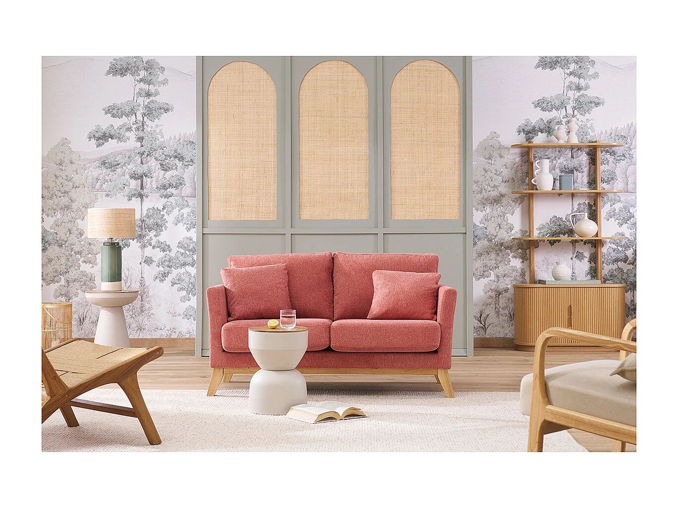 Divano scandinavo sfoderabile a 2 posti in tessuto effetto velluto testurizzato taupe e legno chiaro OSLO