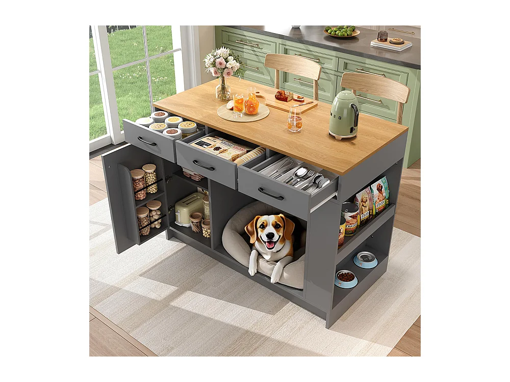 Îlot cuisine 3 tiroirs étagère épices tablette réglable double tablette espace rangement animaux gris