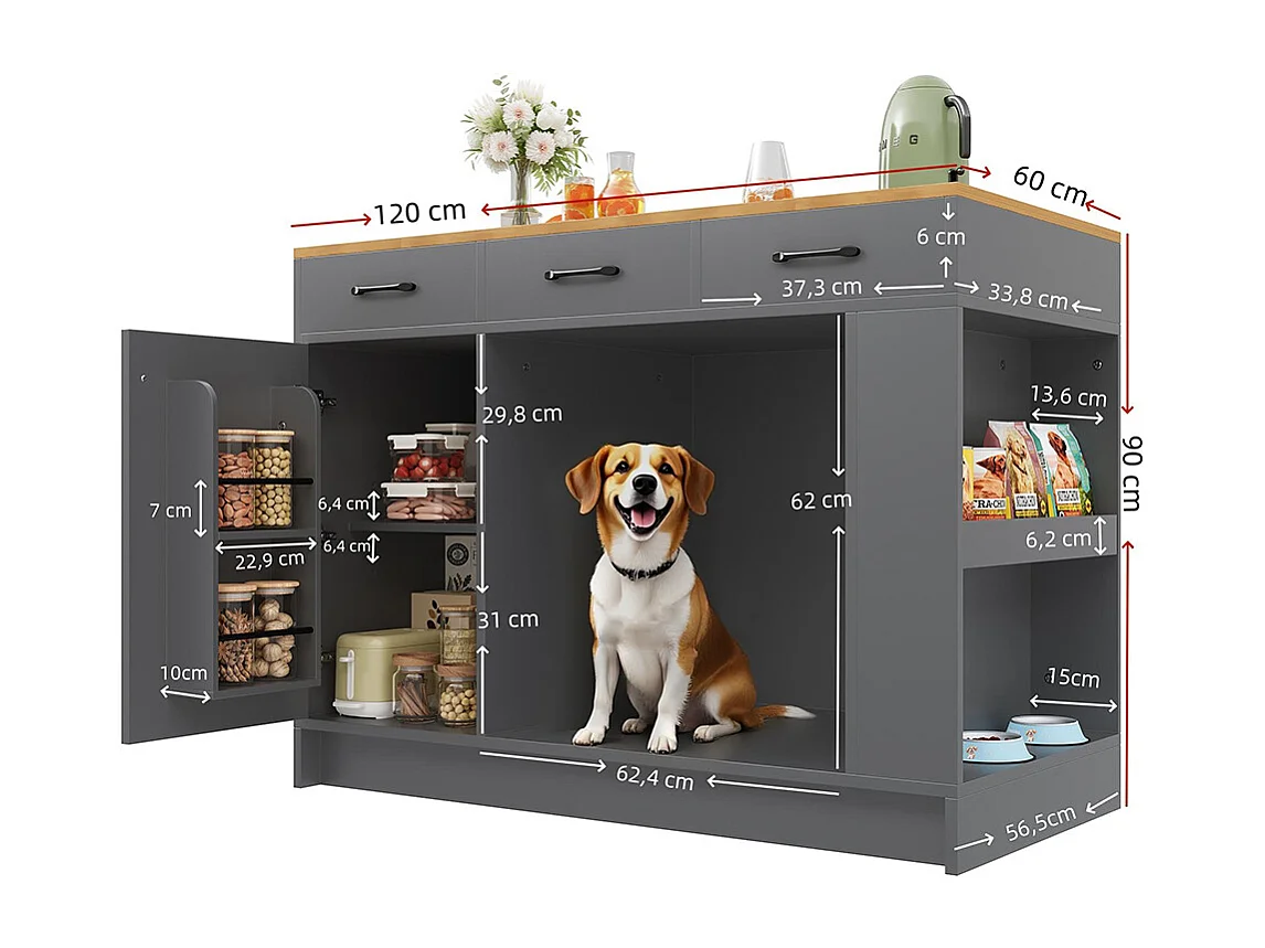 Îlot cuisine 3 tiroirs étagère épices tablette réglable double tablette espace rangement animaux gris