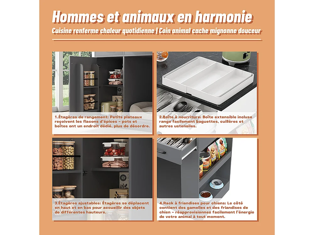 Îlot cuisine 3 tiroirs étagère épices tablette réglable double tablette espace rangement animaux gris