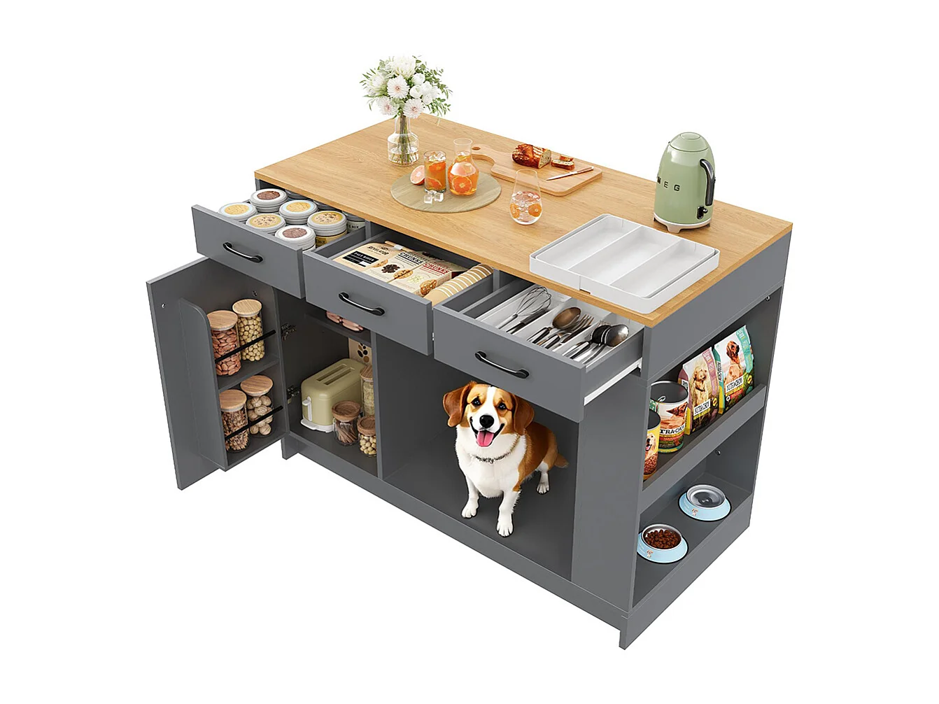 Îlot cuisine 3 tiroirs étagère épices tablette réglable double tablette espace rangement animaux gris