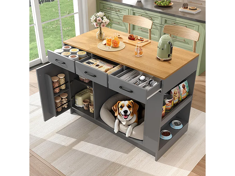 Îlot cuisine 3 tiroirs étagère épices tablette réglable double tablette espace rangement animaux gris