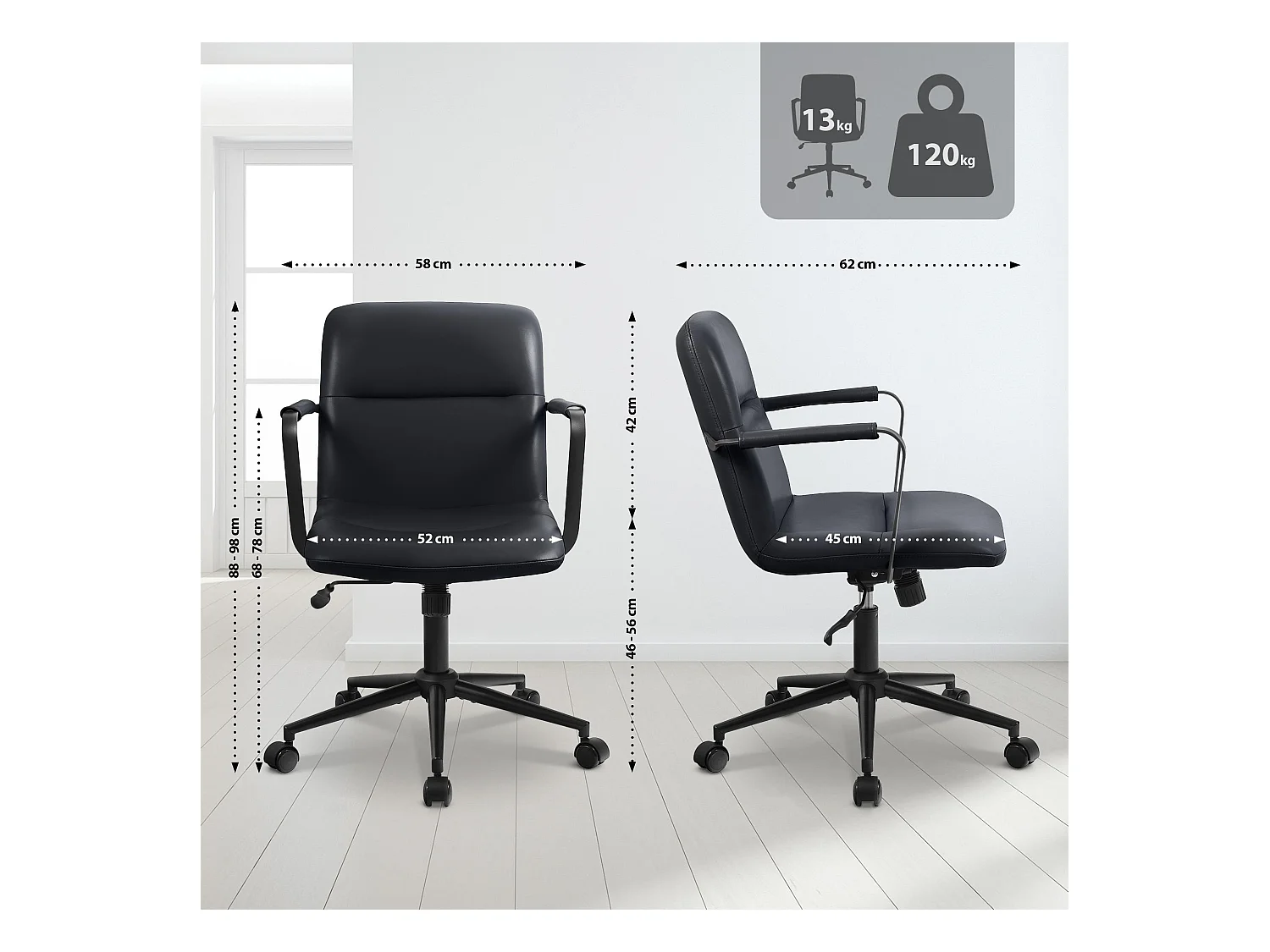 Chaise de bureau - Véritable cuir - Noir - Hilda