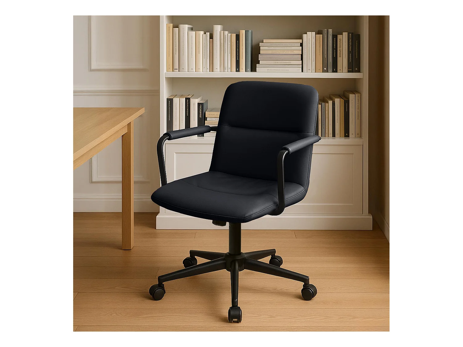 Chaise de bureau - Véritable cuir - Noir - Hilda