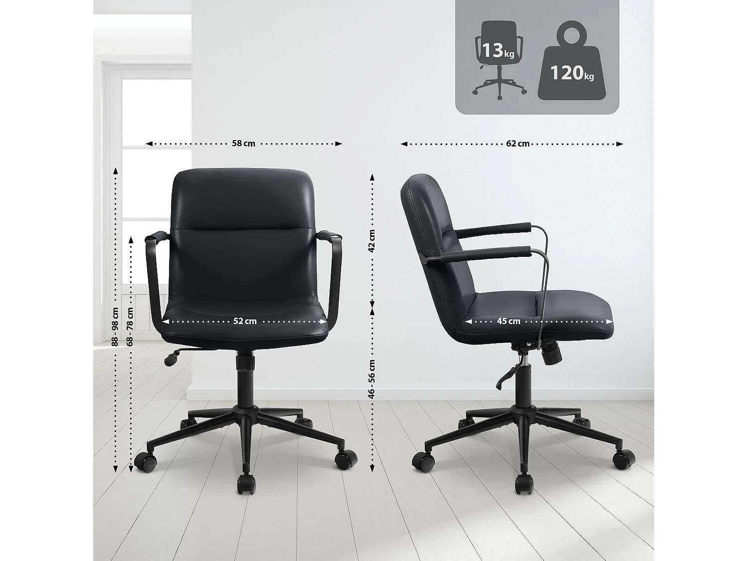 Chaise de bureau - Véritable cuir - Noir - Hilda