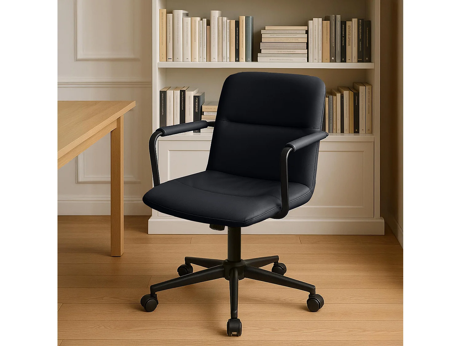 Chaise de bureau - Véritable cuir - Noir - Hilda