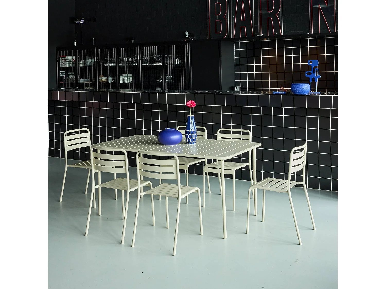 Table de jardin métal + 6 assises beige Amélia