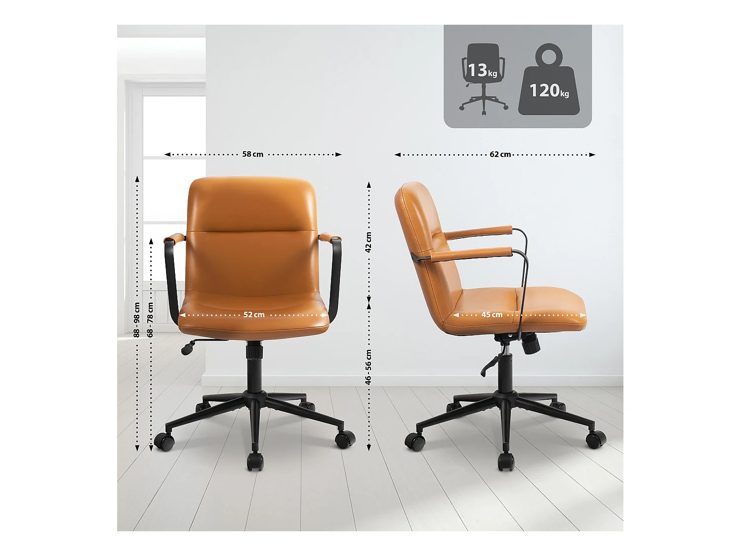 Chaise de bureau - Véritable cuir - Marron - Hilda