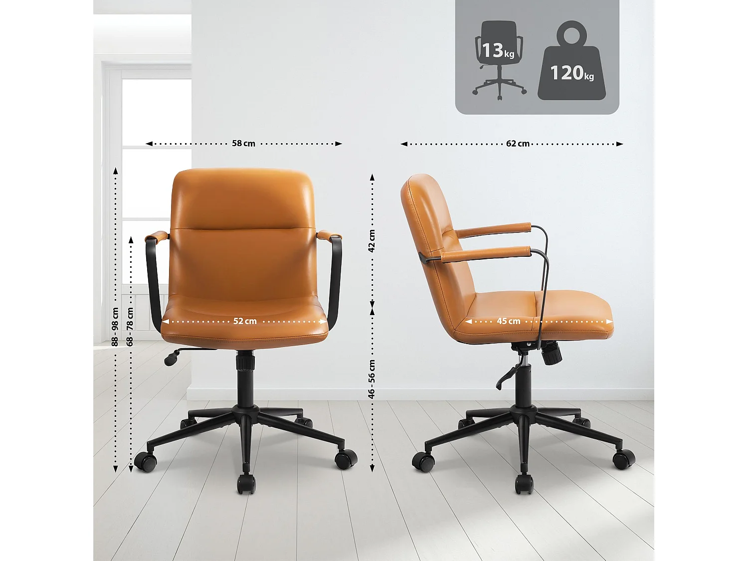 Chaise de bureau - Véritable cuir - Marron - Hilda