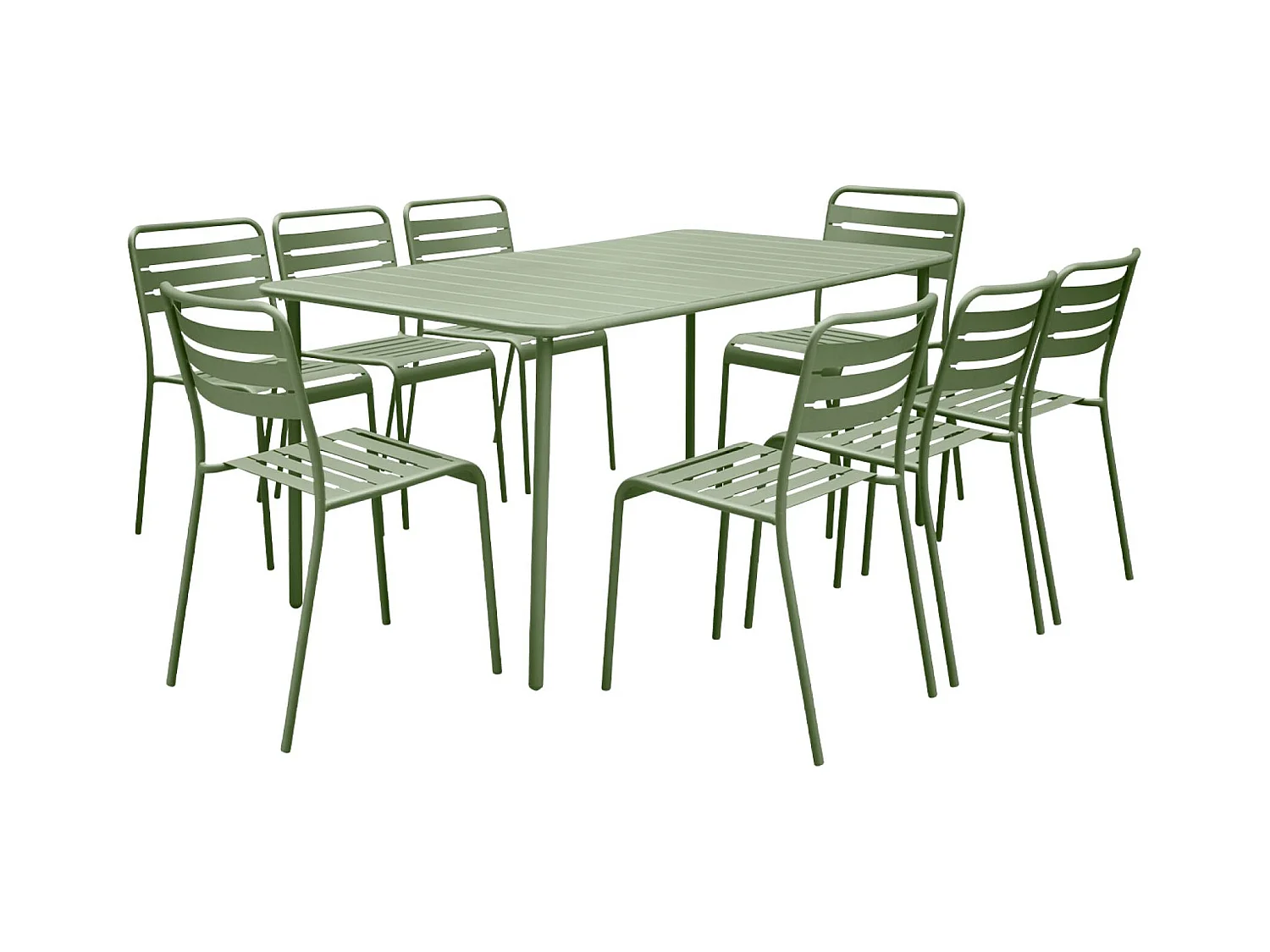 Table de jardin métal + 8 assises vert traitement antirouille. lattes et bords arrondis