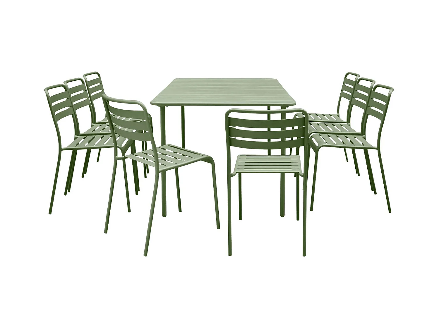 Table de jardin métal + 8 assises vert traitement antirouille. lattes et bords arrondis