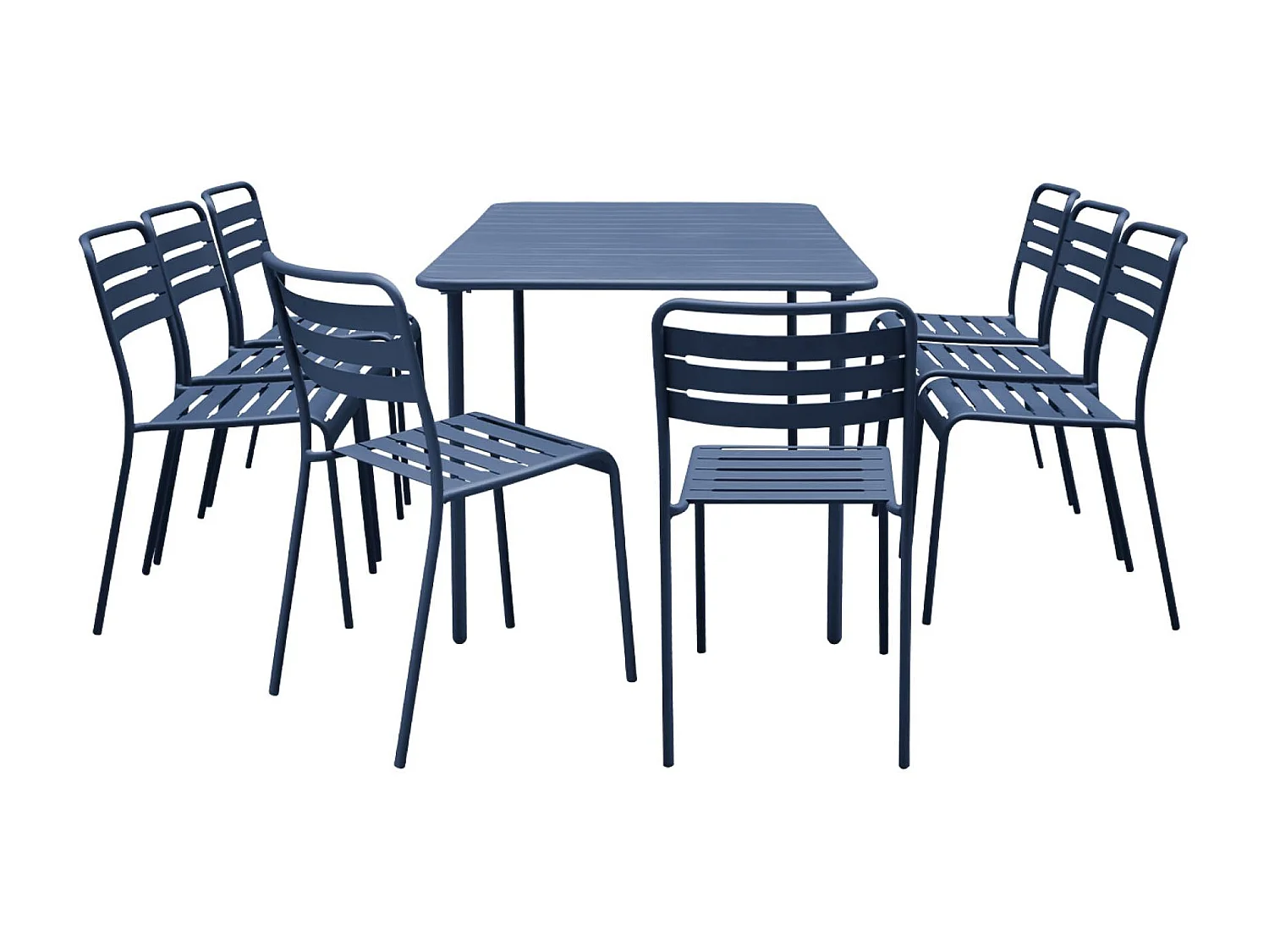 Table de jardin métal + 8 assises bleu marine traitement antirouille. lattes et bords arrondis
