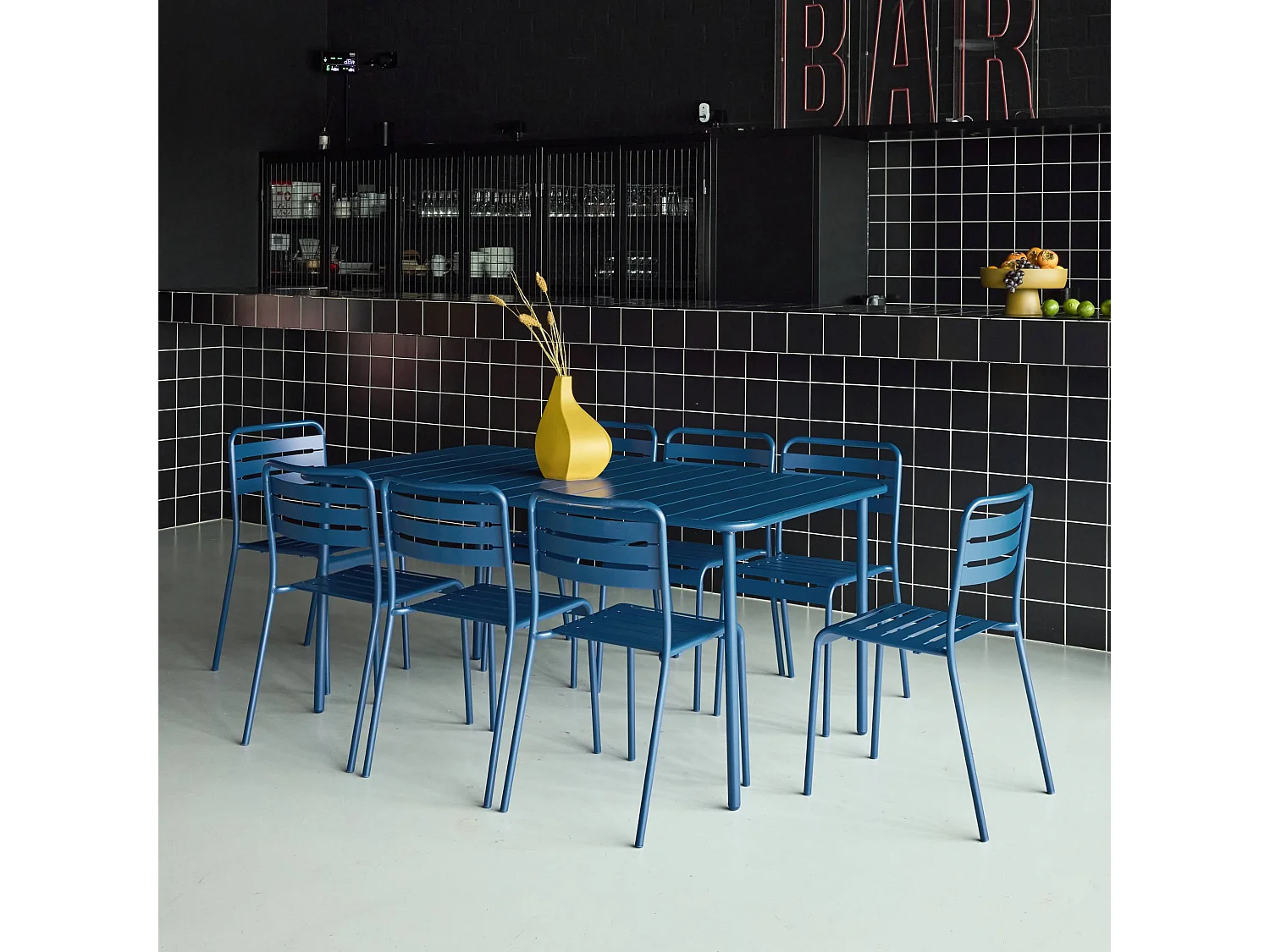 Set tavolo da giardino bistrot in metallo con 8 sedie, blu navy