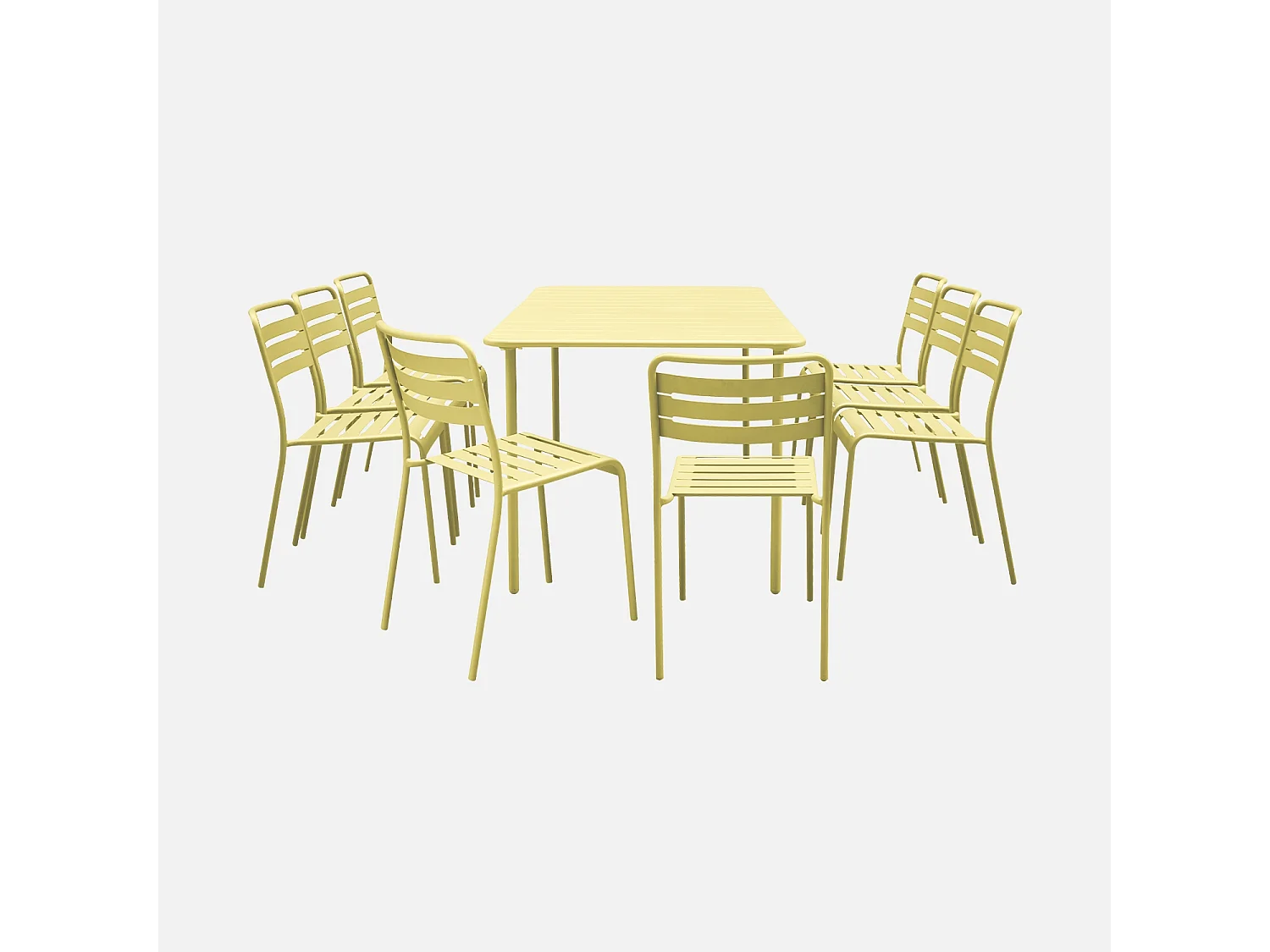Table de jardin métal + 8 assises jaune traitement antirouille. lattes et bords arrondis