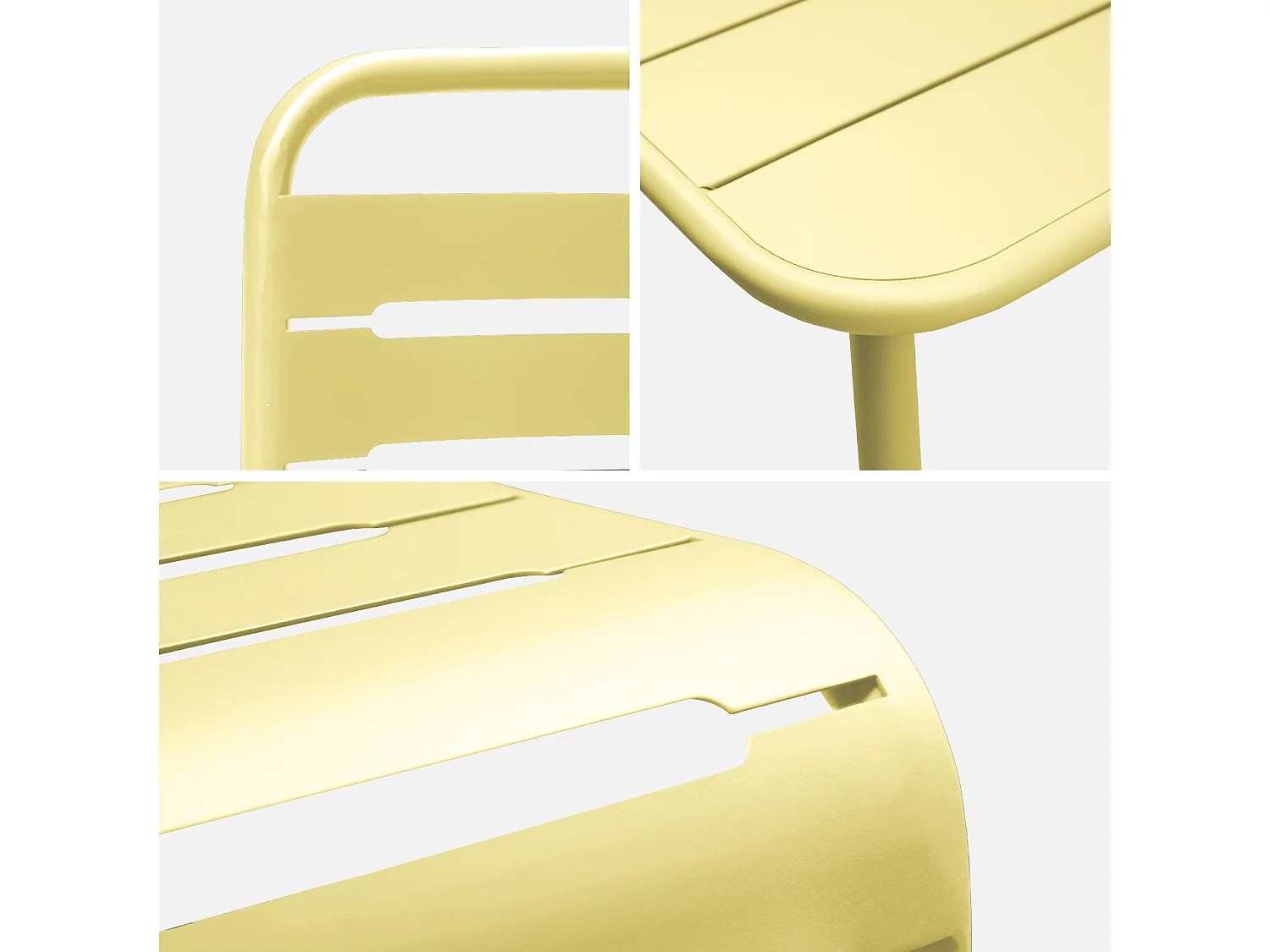 Table de jardin métal + 8 assises jaune traitement antirouille. lattes et bords arrondis