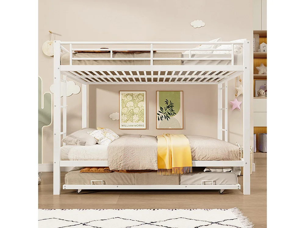 Lit superposé enfant 140x200 cm fer gigogne barrières hautes sans matelas blanc