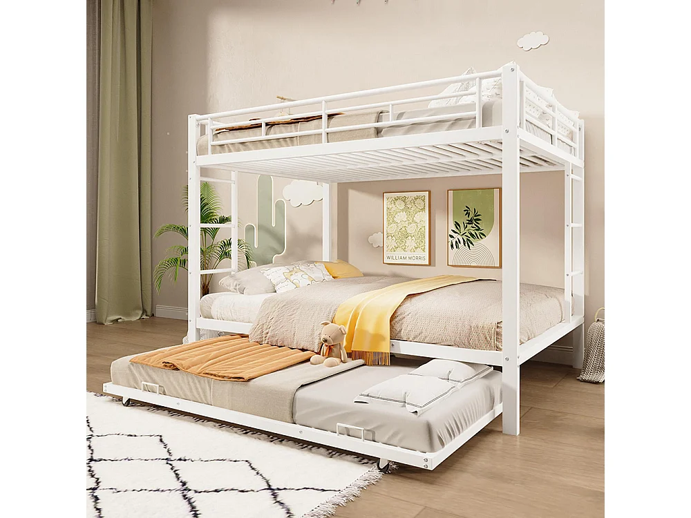 Lit superposé enfant 140x200 cm fer gigogne barrières hautes sans matelas blanc