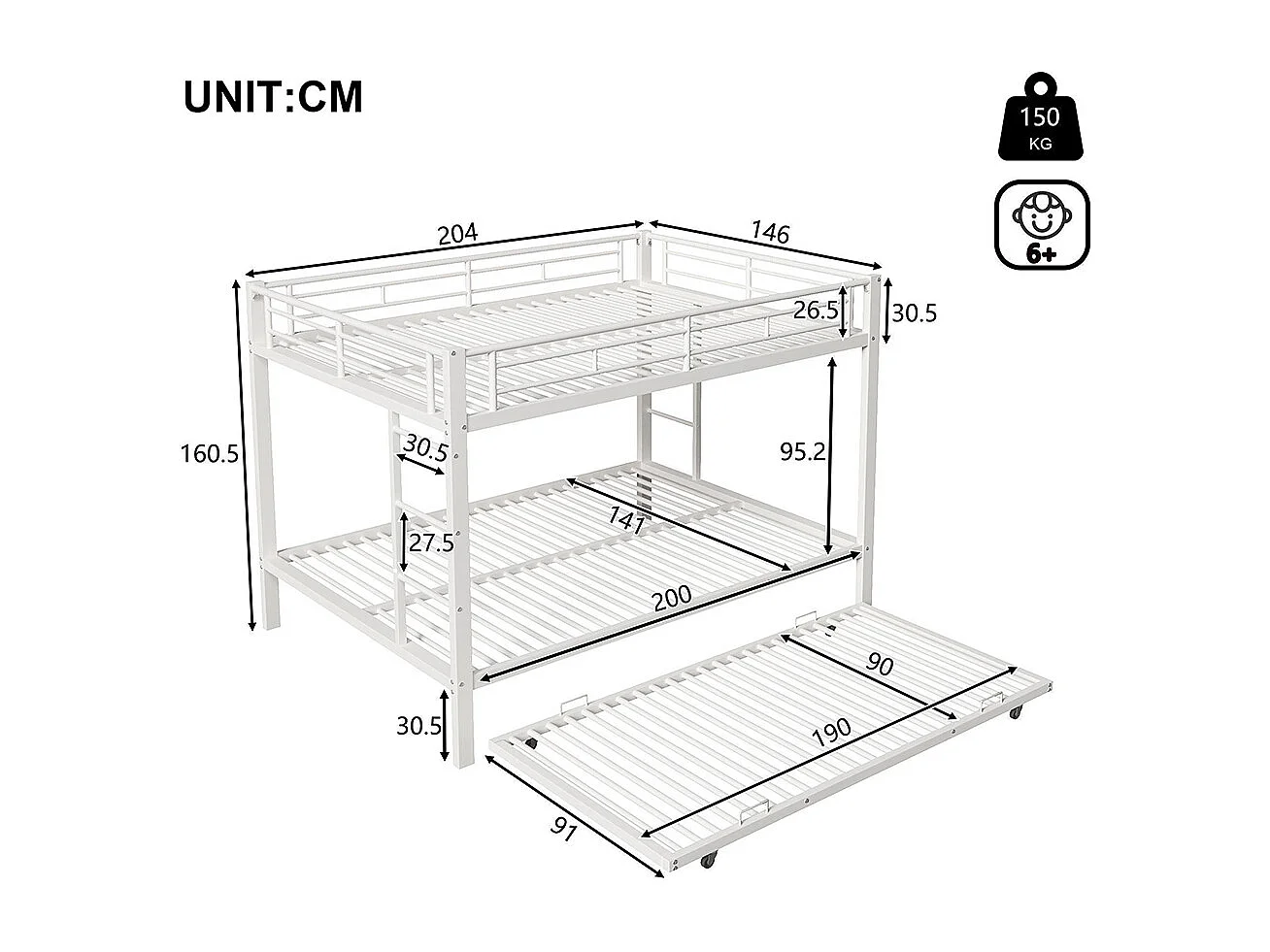 Lit superposé enfant 140x200 cm fer gigogne barrières hautes sans matelas blanc
